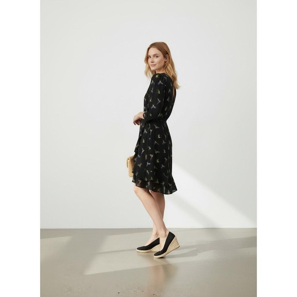 Oasis Parrot Print Faux Wrap Dress 4 Black Ruffle Smocked Cuffs Fairycore Exc